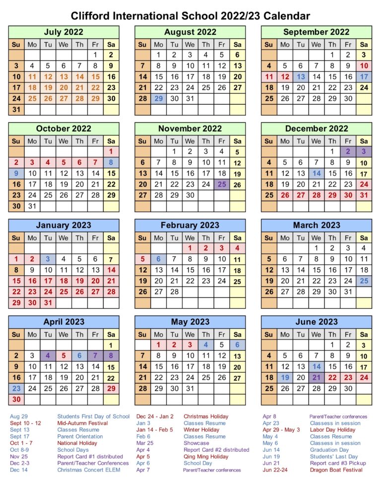 2022-2023 school calendar of Clifford International School of Guangzhou in Panyu, China